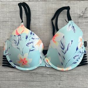 PINK Victoria’s Secret 32DD/E Wear Everywhere Underwire Bra Floral Black Stripes